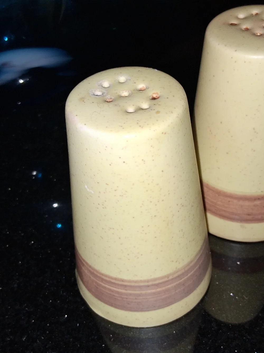 Speckled Beige Ceramic Salt and Pepper Shakers with Brown Band
